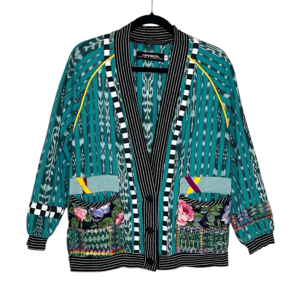 Canvasbacks Vintage Patchwork stripes and floral 100% Cotton cardigan size Small